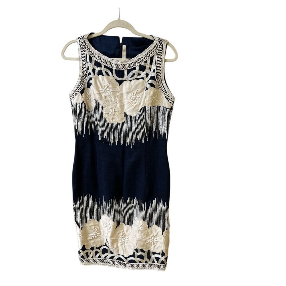 Naeem Khan linen dress appliqué and beading navy blue sz 8